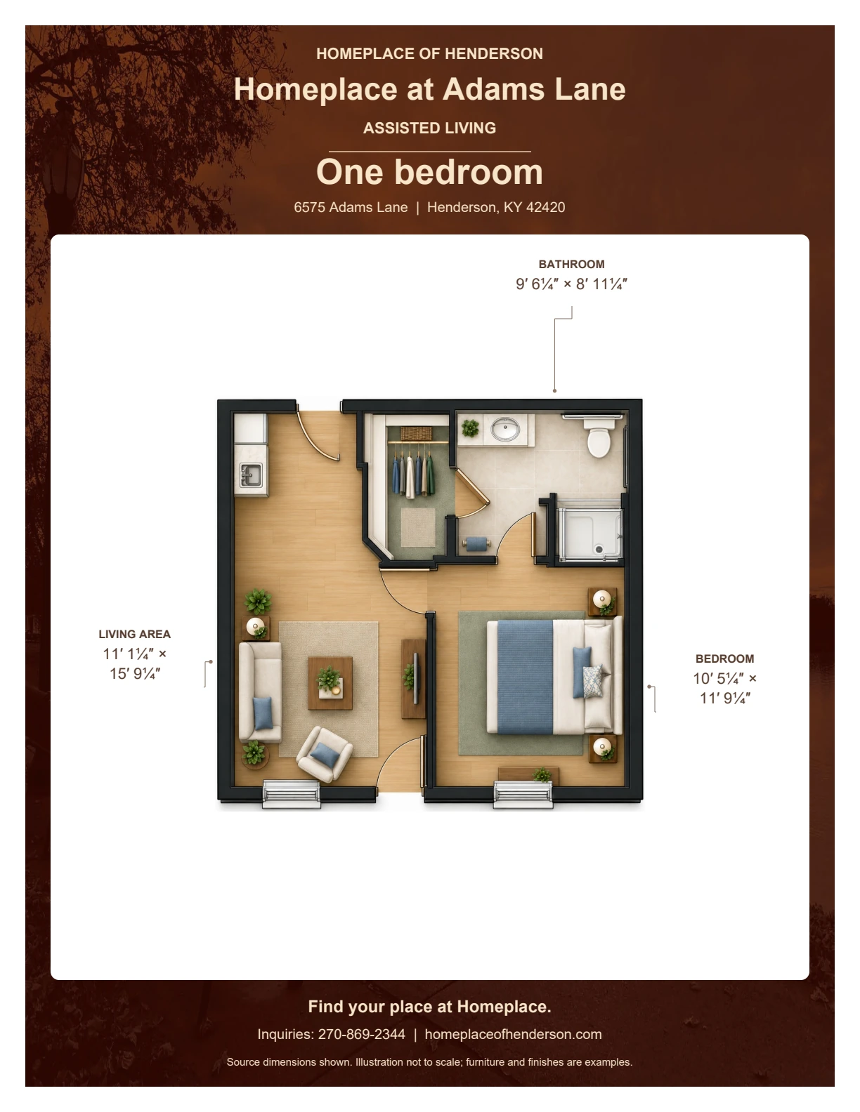 Floor plan of one bedroom at Homeplace at Adams Lane: Living area: 11′ 1¼″ × 15′ 9¼″; Bedroom: 10′ 5¼″ × 11′ 9¼″; Bathroom: 9′ 6¼″ × 8′ 11¼″.