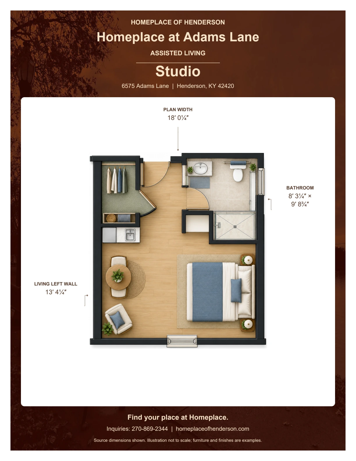 Floor plan of studio at Homeplace at Adams Lane: Plan width: 18′ 0¼″; Bathroom: 8′ 3¼″ × 9′ 8¾″; Living left wall: 13′ 4¼″.