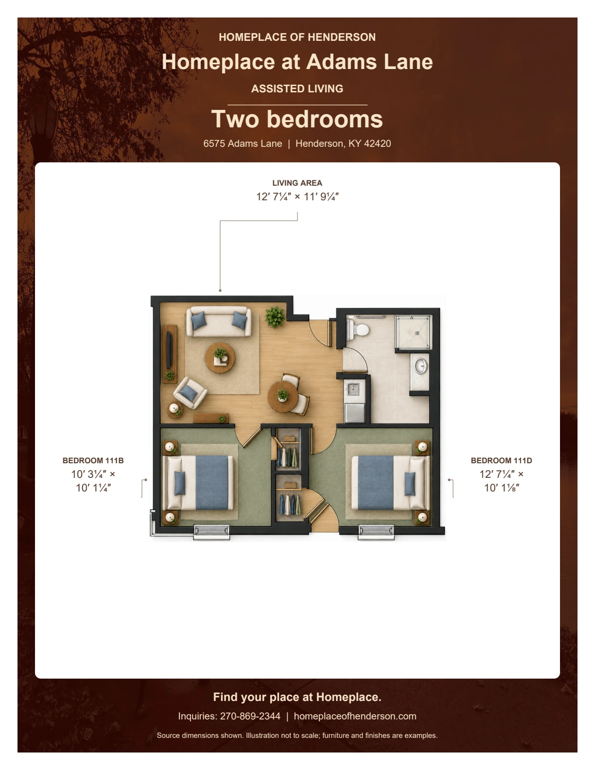 Floor plan of two bedrooms at Homeplace at Adams Lane: Living area: 12′ 7¼″ × 11′ 9¼″; Bedroom: 10′ 3¼″ × 10′ 1¼″; Bedroom: 12′ 7¼″ × 10′ 1⅛″.
