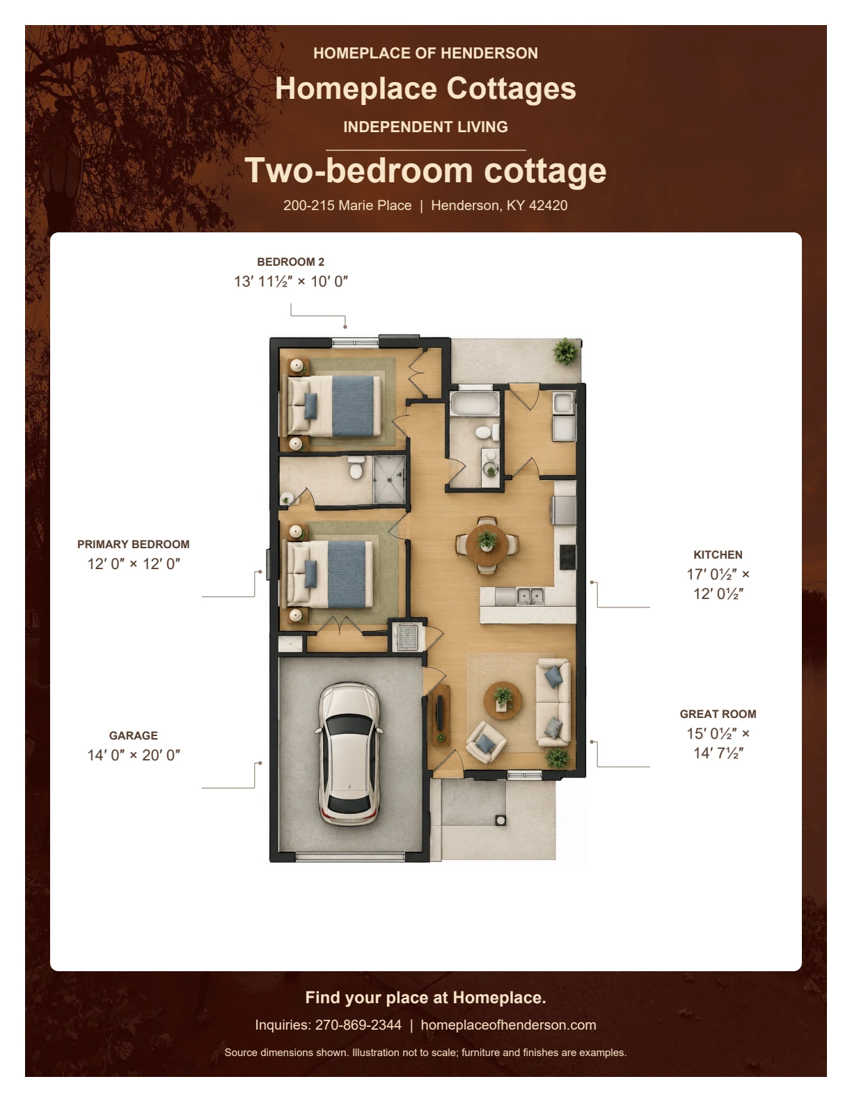 Floor plan of two-bedroom cottage at Homeplace Cottages: Bedroom: 13′ 11½″ × 10′ 0″; Primary bedroom: 12′ 0″ × 12′ 0″; Garage: 14′ 0″ × 20′ 0″; Kitchen: 17′ 0½″ × 12′ 0½″; Great room: 15′ 0½″ × 14′ 7½″.
