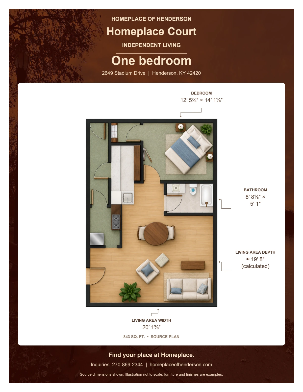 Floor plan of one bedroom at Homeplace Court: Bedroom: 12′ 5⅞″ × 14′ 1⅛″; Bathroom: 8′ 8⅛″ × 5′ 1″; Living area width: 20′ 1⅜″; Living area depth: Approximately 19′ 8″ (calculated); Plan area: 843 sq. ft..