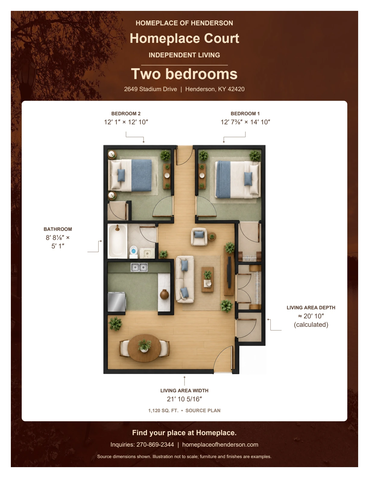 Floor plan of two bedrooms at Homeplace Court: Bedroom: 12′ 1″ × 12′ 10″; Bedroom: 12′ 7⅜″ × 14′ 10″; Bathroom: 8′ 8⅛″ × 5′ 1″; Living area width: 21′ 10 5/16″; Living area depth: Approximately 20′ 10″ (calculated); Plan area: 1,120 sq. ft..