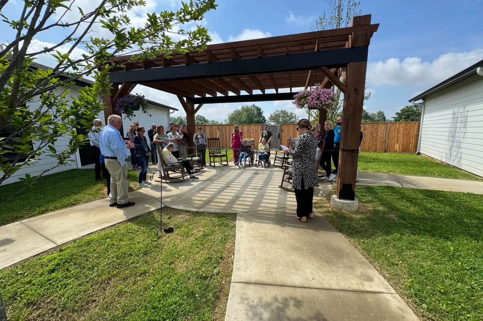 The secure memory care courtyard with its pergola