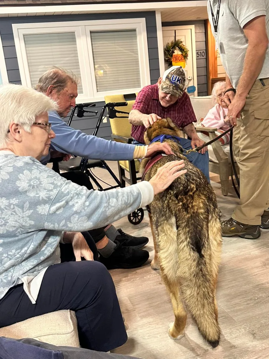 A memory care resident petting a visiting therapy dog on Main Street.