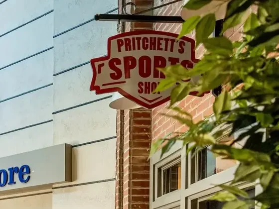 The Pritchett’s Sports Shop sign on the indoor Main Street in memory care.