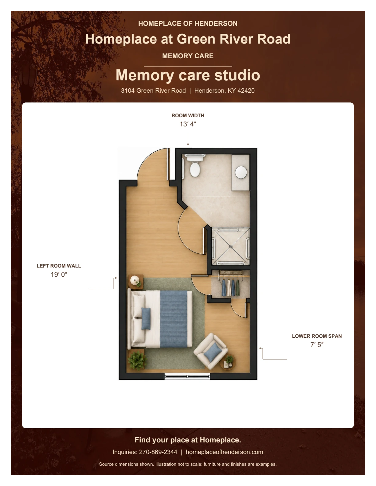 Floor plan of memory care studio at Homeplace at Green River Road: Room width: 13′ 4″; Left room wall: 19′ 0″; Lower room span: 7′ 5″.