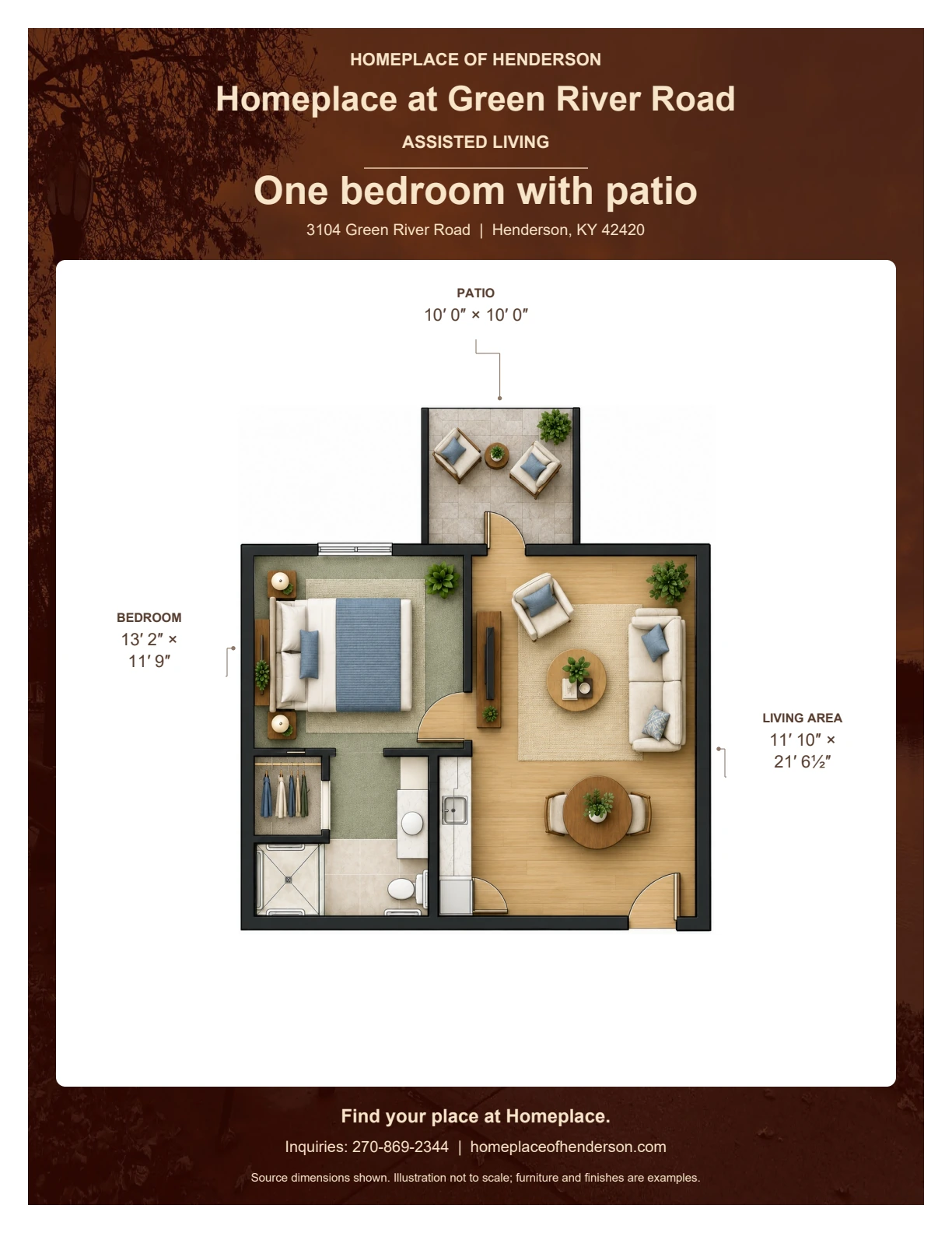 Floor plan of one bedroom with patio at Homeplace at Green River Road: Patio: 10′ 0″ × 10′ 0″; Bedroom: 13′ 2″ × 11′ 9″; Living area: 11′ 10″ × 21′ 6½″.