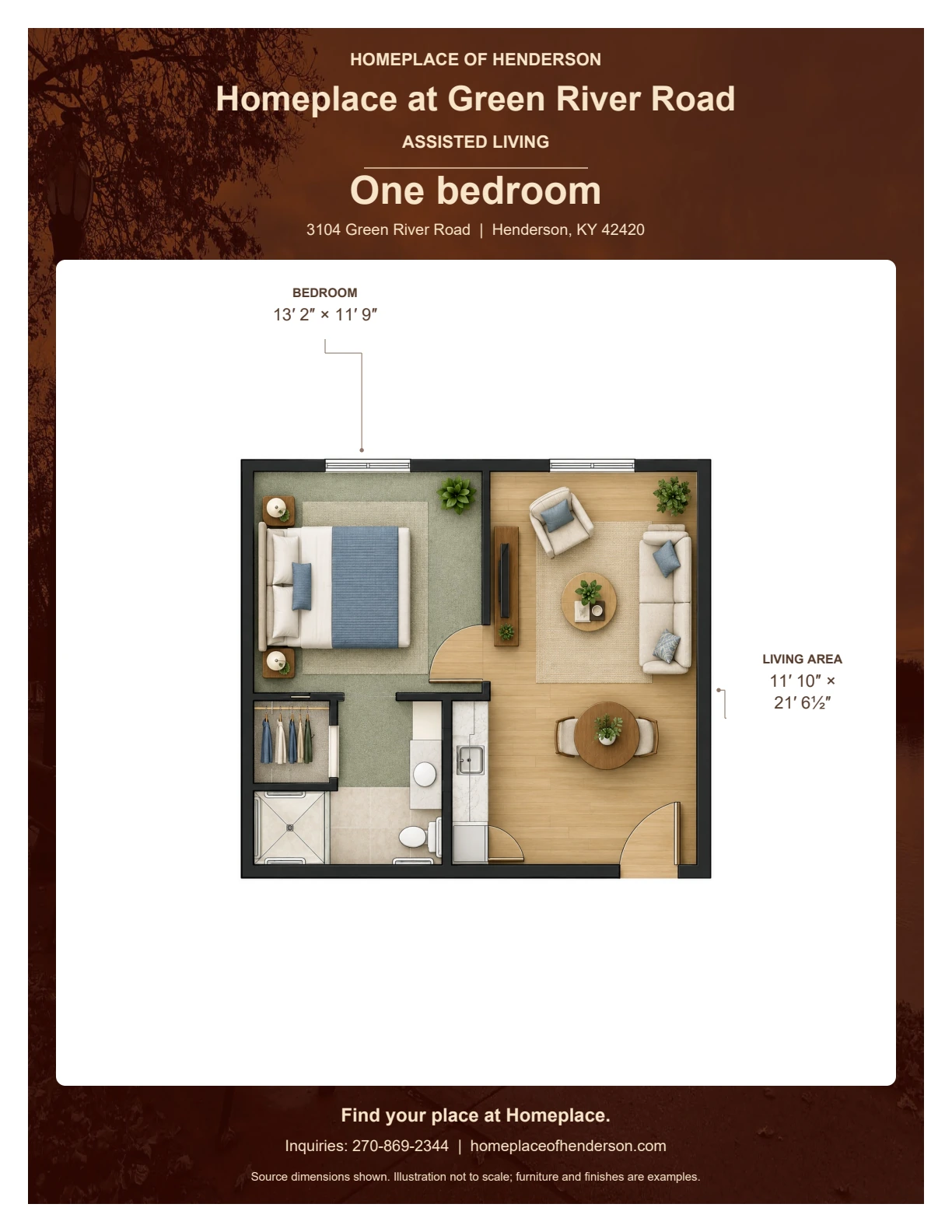 Floor plan of one bedroom at Homeplace at Green River Road: Bedroom: 13′ 2″ × 11′ 9″; Living area: 11′ 10″ × 21′ 6½″.
