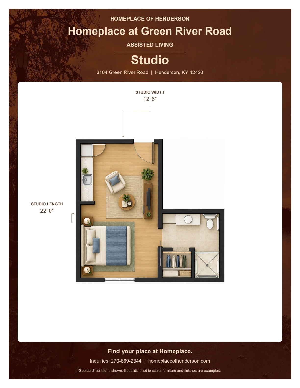 Floor plan of studio at Homeplace at Green River Road: Studio width: 12′ 6″; Studio length: 22′ 0″.