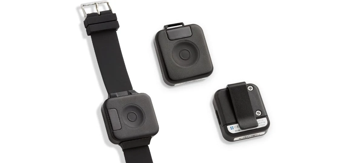 CenTrak Geo call pendants, shown as a wristband, a pendant and a clip